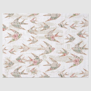 Vintage Script Ephemera Watercolor Floral Swallows Tissue Paper