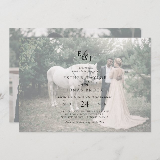 Vintage Script | Faded Horizontal Photo Wedding Invitation (Front/Back)