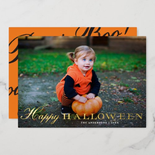 Vintage Script Happy Halloween Photo Gold Foil Holiday Card