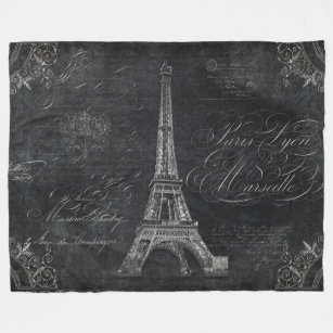 Vintage Script Paris Eiffel Tower Black Chalkboard Fleece Blanket