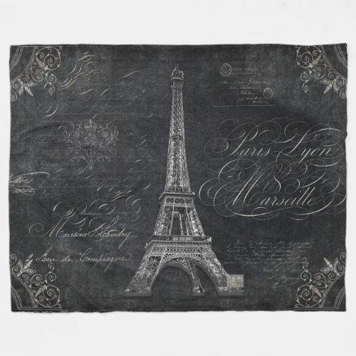 Vintage Script Paris Eiffel Tower Black Chalkboard Fleece Blanket