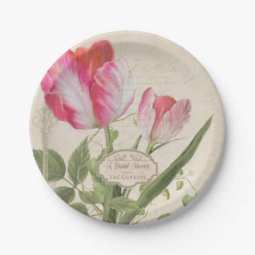 Vintage Script Parrot Tulip Art Pink Bridal Shower Paper Plates