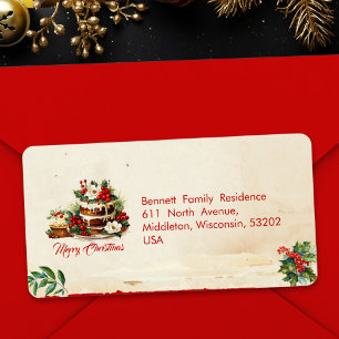 Vintage Script Rustic Green Red Christmas Address Label