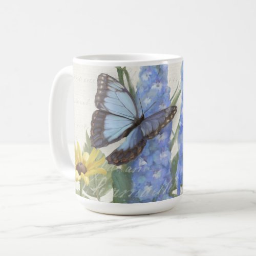 Vintage Script Sunflower Blue Floral Butterfly Coffee Mug