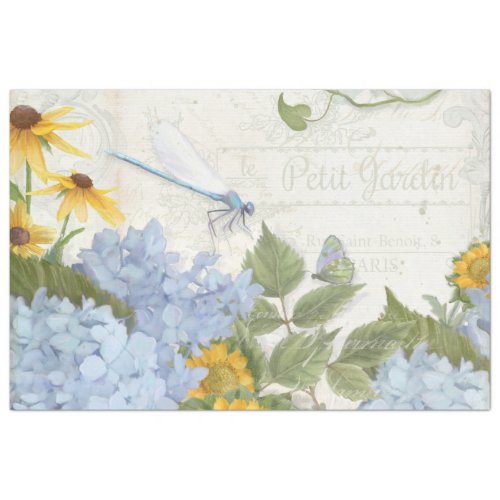 Vintage Script Sunflower Blue Floral Dragonfly Tis Tissue Paper