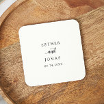 Vintage Script Wedding Square Paper Coaster<br><div class="desc">This vintage script wedding favor square paper coaster is perfect for a minimalist wedding. The romantic black and white design features unique whimsical typography with simple bohemian style. Customizable in any color. Keep the design minimal and elegant, as is, or personalize it by adding your own graphics and artwork. Personalize...</div>