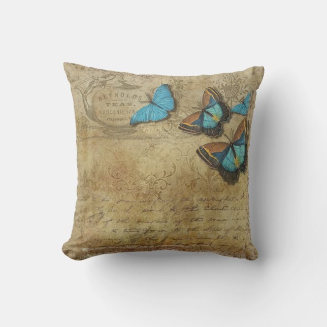Vintage Script, with Butterflies. Throw Pillow (Front)