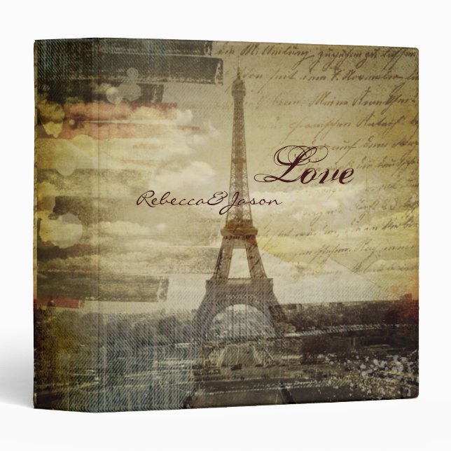 vintage scripts Paris Eiffel Tower Wedding Binder (Front/Spine)