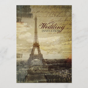 vintage scripts Paris Eiffel Tower Wedding Invitation