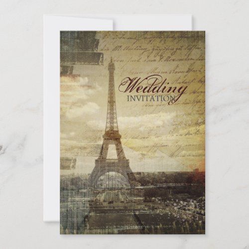 vintage scripts Paris Eiffel Tower Wedding Invitation