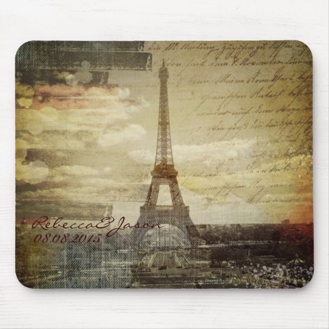 vintage scripts Paris Eiffel Tower Wedding Mouse Pad (Front)