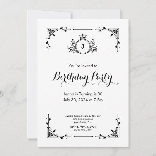 Vintage Scroll Black and White Birthday Invitation