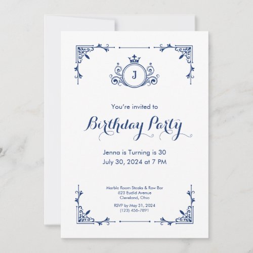 Vintage Scroll Blue Birthday Invitation