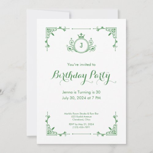 Vintage Scroll Green Birthday Invitation