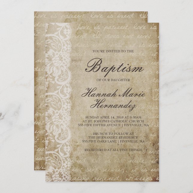Vintage Scroll Lace Baptism Invitation (Front/Back)