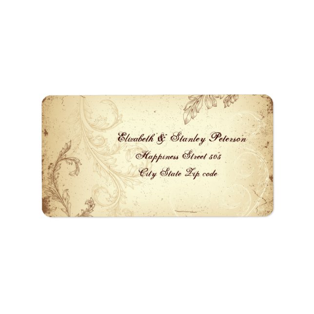 Vintage scroll leaf in beige, brown wedding label (Front)