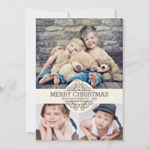 Vintage Scroll Merry Christmas Photo Collage Holiday Card