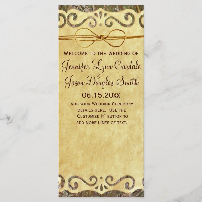 Vintage Scroll Rustic Country Camo Wedding Program (Front)