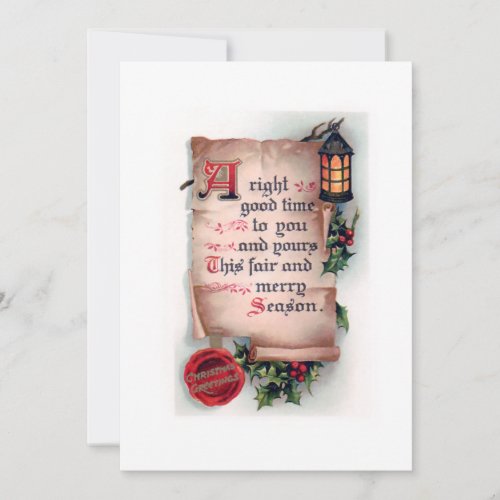 Vintage Scroll with Lantern and Christmas Greeting Holiday Card