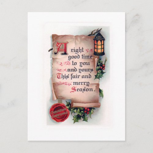 Vintage Scroll with Lantern and Christmas Greeting Postcard