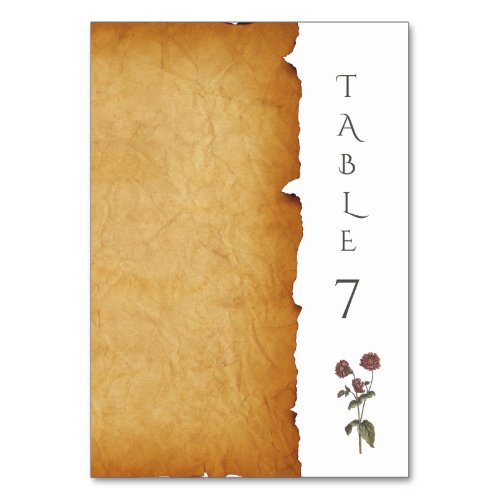 Vintage Scrolls Floral Wedding Table Number 7 Card