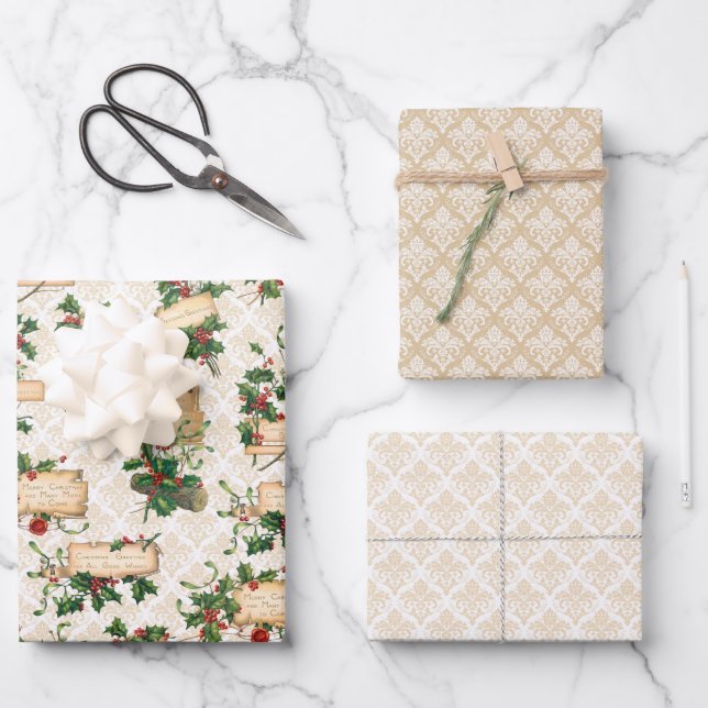 Vintage Scrolls & Greetings | Holly | Damask Wrapping Paper Sheets (Front)