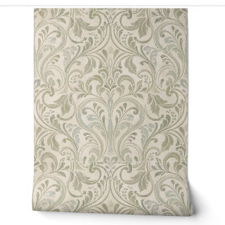 Vintage Scrollwork Pattern in Sage Green and Cream Wallpaper