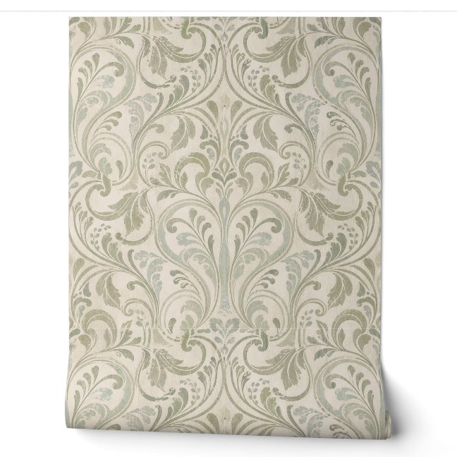 Vintage Scrollwork Pattern in Sage Green and Cream Wallpaper