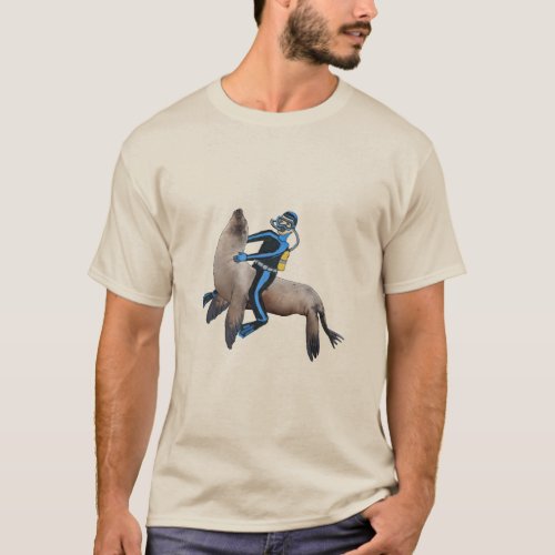Vintage Scuba Diver Riding a Large Sea Lion T_Shirt