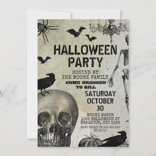 Vintage Scull Crow Bat Halloween Party Invitation