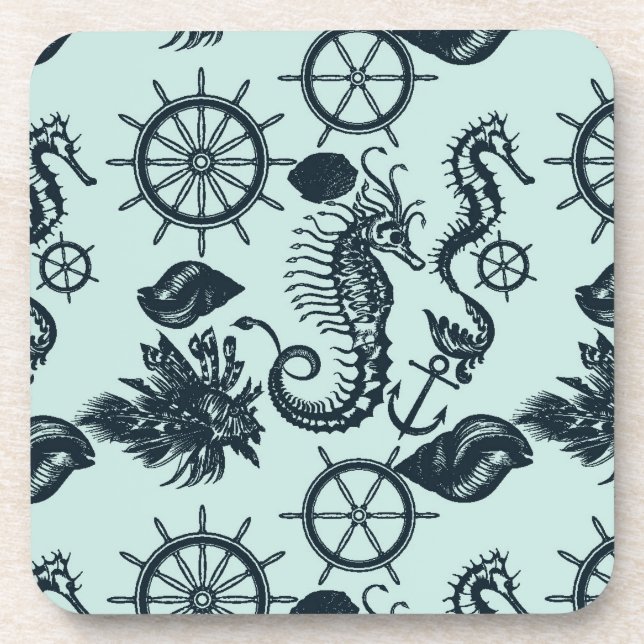 Vintage Sea Animal Pattern Drink Coaster (Front)