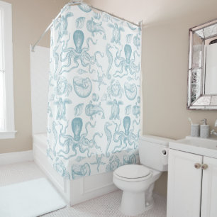 Vintage Sea Animals Illustration Blue Pattern Shower Curtain