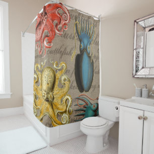 Vintage Sea Creatures Octopus Squid Cephalopods Shower Curtain
