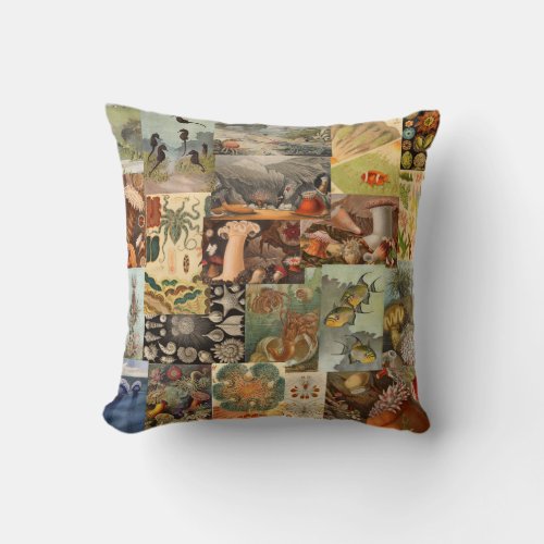 Vintage Sea Life Ocean Collage Fish Art Throw Pillow