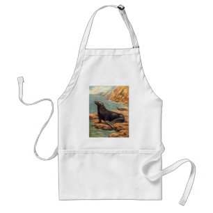 Vintage Sea Lion by the Seashore, Marine Mammals Adult Apron