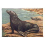 Vintage Sea Lion by the Seashore, Marine Mammals Cloth Placemat
