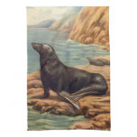 Vintage Sea Lion by the Seashore, Marine Mammals Kitchen Towel
