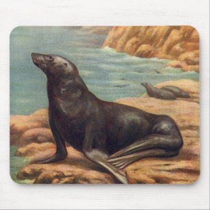 Vintage Sea Lion by the Seashore, Marine Mammals Mouse Pad