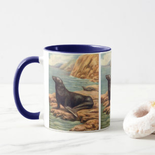 Vintage Sea Lion by the Seashore, Marine Mammals Mug