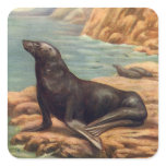 Vintage Sea Lion by the Seashore, Marine Mammals Square Sticker