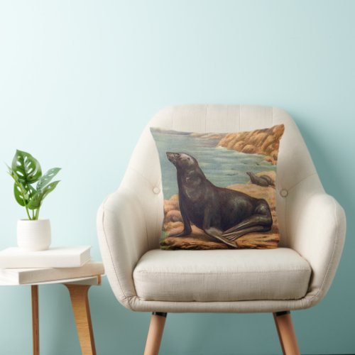 Vintage Sea Lion by the Seashore Marine Mammals Throw Pillow