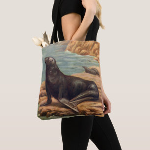 Vintage Sea Lion by the Seashore, Marine Mammals Tote Bag
