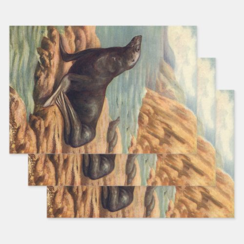 Vintage Sea Lion by the Seashore Marine Mammals Wrapping Paper Sheets
