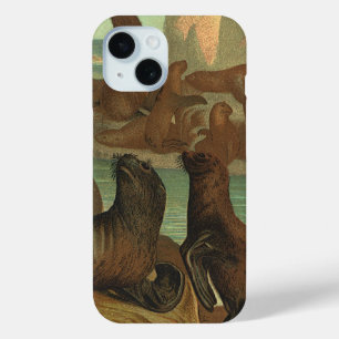 Vintage Sea Lions on the Beach, Marine Life Animal iPhone 15 Case
