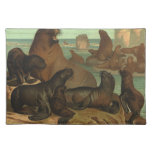 Vintage Sea Lions on the Beach, Marine Life Animal Cloth Placemat