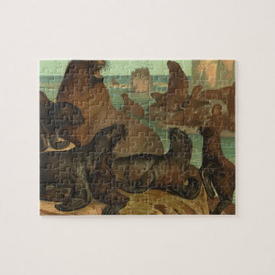 Vintage Sea Lions on the Beach, Marine Life Animal Jigsaw Puzzle