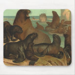 Vintage Sea Lions on the Beach, Marine Life Animal Mouse Pad