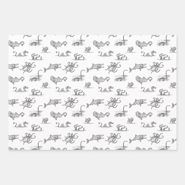 Vintage Sea Monster Line Art Wrapping Paper Sheets (Front)