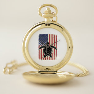 Vintage Sea Turtle American Flag Patriotic Shirt D Pocket Watch