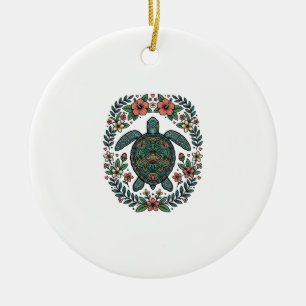 Vintage Sea Turtle Floral Vector Design_1 Ceramic Ornament